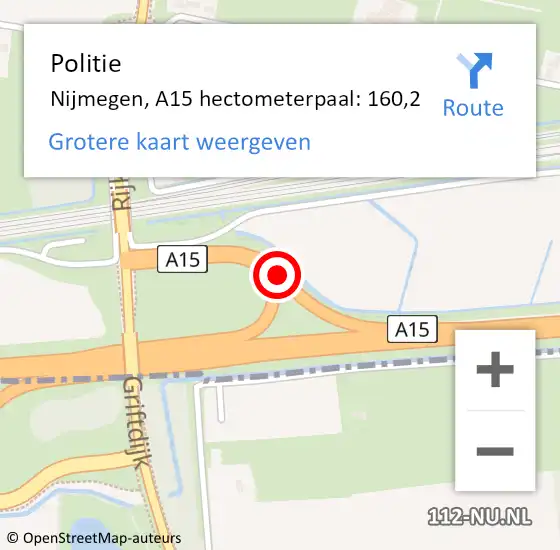 Locatie op kaart van de 112 melding: Politie Nijmegen, A15 hectometerpaal: 160,2 op 19 maart 2022 05:29