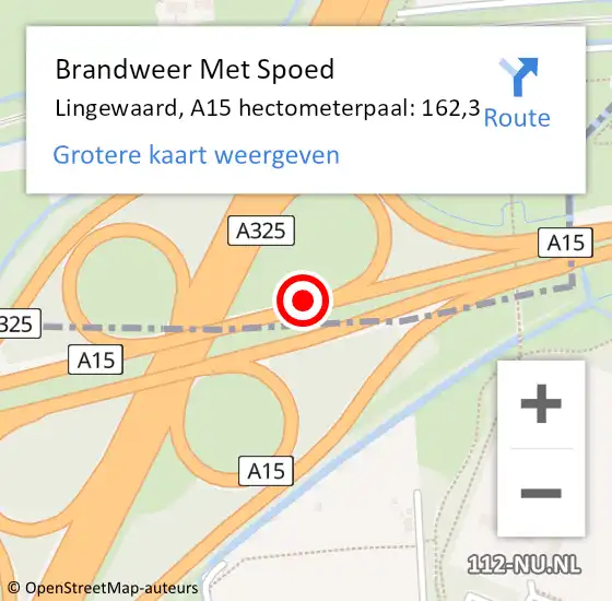 Locatie op kaart van de 112 melding: Brandweer Met Spoed Naar Lingewaard, A15 hectometerpaal: 162,3 op 19 maart 2022 05:52
