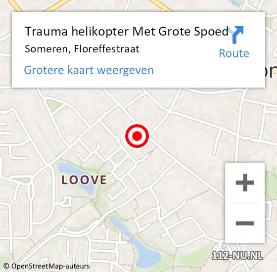 Locatie op kaart van de 112 melding: Trauma helikopter Met Grote Spoed Naar Someren, Floreffestraat op 19 maart 2022 11:37