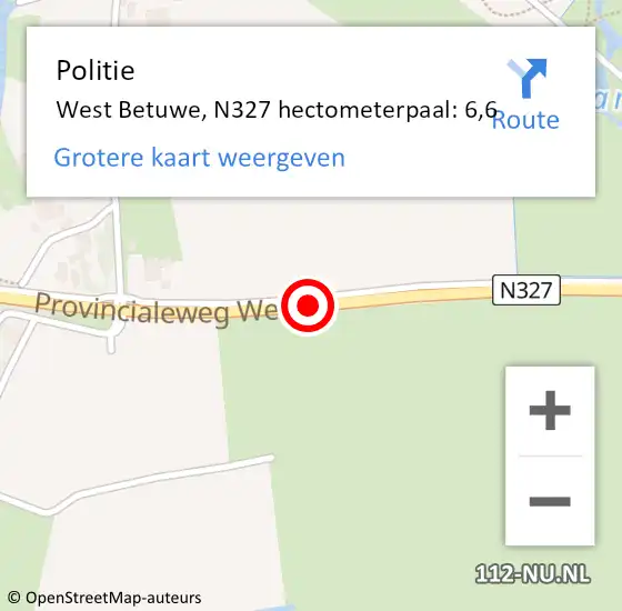 Locatie op kaart van de 112 melding: Politie West Betuwe, N327 hectometerpaal: 6,6 op 20 maart 2022 00:25