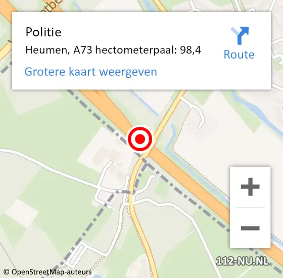 Locatie op kaart van de 112 melding: Politie Heumen, A73 hectometerpaal: 98,4 op 20 maart 2022 16:09
