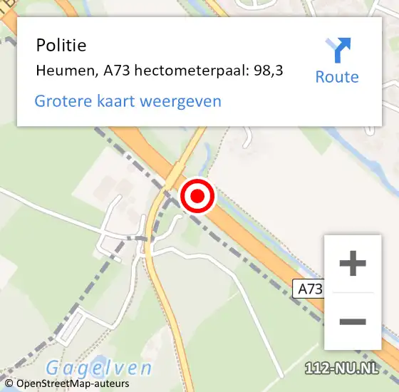 Locatie op kaart van de 112 melding: Politie Heumen, A73 hectometerpaal: 98,3 op 20 maart 2022 16:09