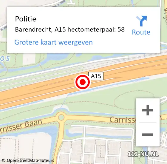 Locatie op kaart van de 112 melding: Politie Barendrecht, A15 hectometerpaal: 58 op 21 maart 2022 07:35