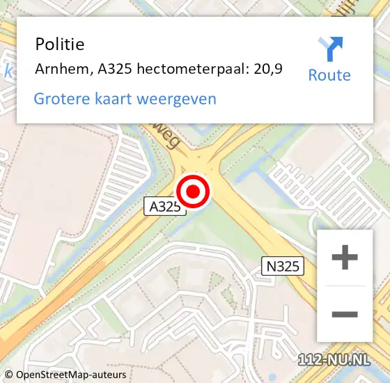 Locatie op kaart van de 112 melding: Politie Arnhem, A325 hectometerpaal: 20,9 op 21 maart 2022 21:26