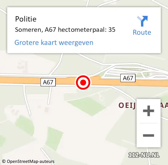 Locatie op kaart van de 112 melding: Politie Someren, A67 hectometerpaal: 35 op 22 maart 2022 05:16