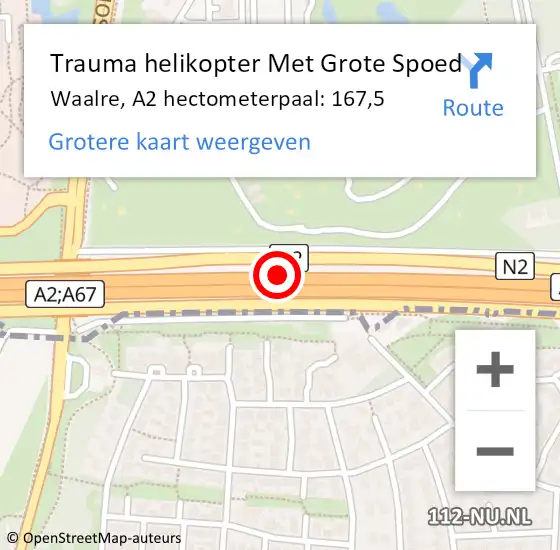 Locatie op kaart van de 112 melding: Trauma helikopter Met Grote Spoed Naar Waalre, A2 hectometerpaal: 167,5 op 23 maart 2022 15:42