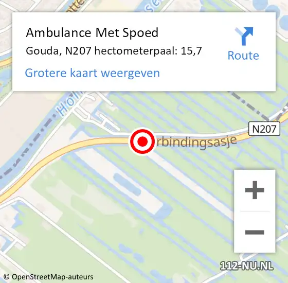 Locatie op kaart van de 112 melding: Ambulance Met Spoed Naar Gouda, N207 hectometerpaal: 15,7 op 23 maart 2022 22:55