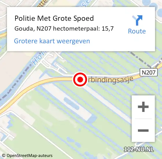 Locatie op kaart van de 112 melding: Politie Met Grote Spoed Naar Gouda, N207 hectometerpaal: 15,7 op 23 maart 2022 22:55