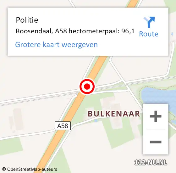 Locatie op kaart van de 112 melding: Politie Roosendaal, A58 hectometerpaal: 96,1 op 24 maart 2022 08:56