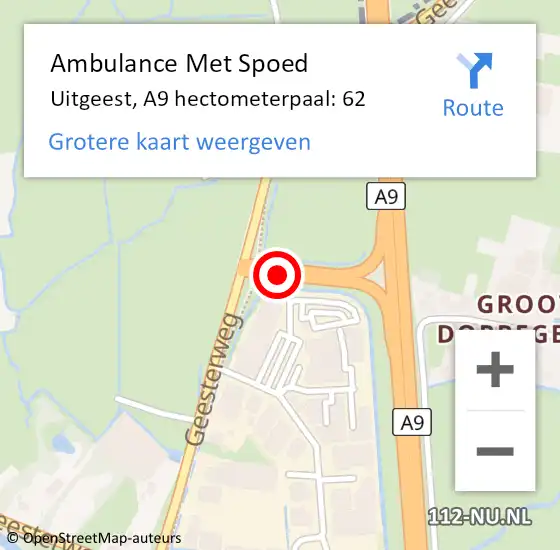 Locatie op kaart van de 112 melding: Ambulance Met Spoed Naar Uitgeest, A9 hectometerpaal: 62 op 24 maart 2022 10:15