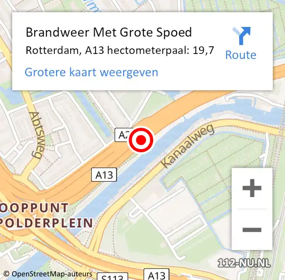 Locatie op kaart van de 112 melding: Brandweer Met Grote Spoed Naar Rotterdam, A13 hectometerpaal: 19,7 op 24 maart 2022 16:06
