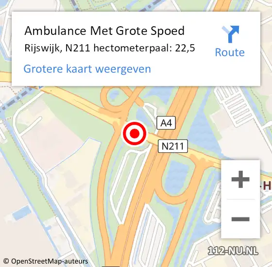 Locatie op kaart van de 112 melding: Ambulance Met Grote Spoed Naar Rijswijk, N211 hectometerpaal: 22,5 op 25 maart 2022 09:21