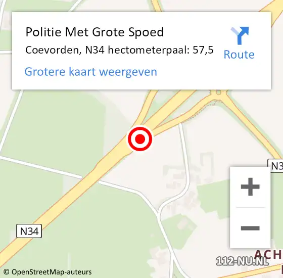 Locatie op kaart van de 112 melding: Politie Met Grote Spoed Naar Coevorden, N34 hectometerpaal: 57,5 op 26 maart 2022 04:16