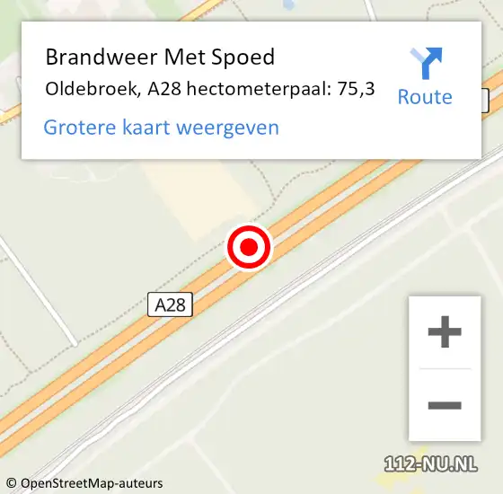 Locatie op kaart van de 112 melding: Brandweer Met Spoed Naar Oldebroek, A28 hectometerpaal: 75,3 op 26 maart 2022 15:22