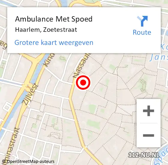 Locatie op kaart van de 112 melding: Ambulance Met Spoed Naar Haarlem, Zoetestraat op 26 maart 2022 22:35