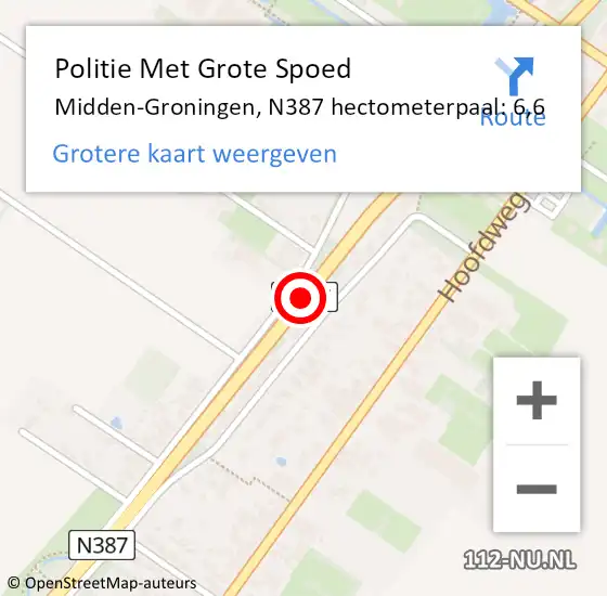 Locatie op kaart van de 112 melding: Politie Met Grote Spoed Naar Midden-Groningen, N387 hectometerpaal: 6,6 op 27 maart 2022 05:56