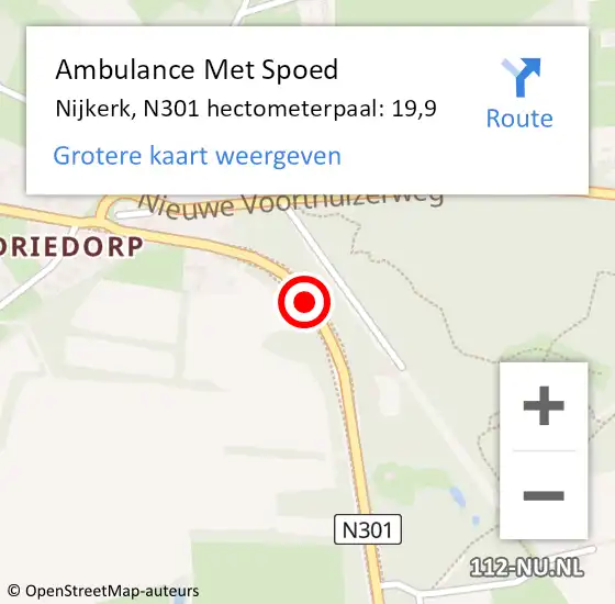 Locatie op kaart van de 112 melding: Ambulance Met Spoed Naar Nijkerk, N301 hectometerpaal: 19,9 op 27 maart 2022 13:33