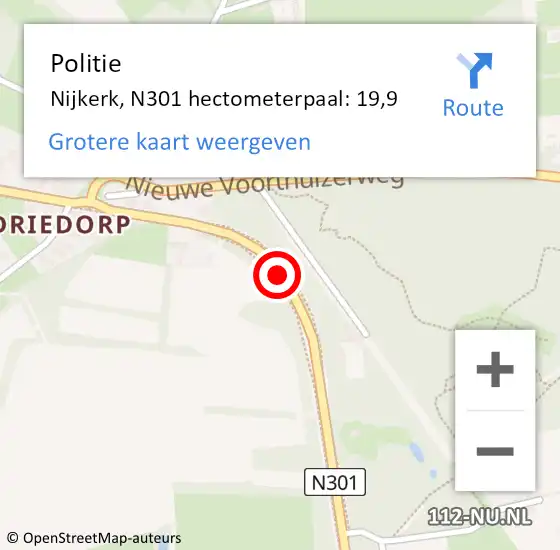 Locatie op kaart van de 112 melding: Politie Nijkerk, N301 hectometerpaal: 19,9 op 27 maart 2022 13:42