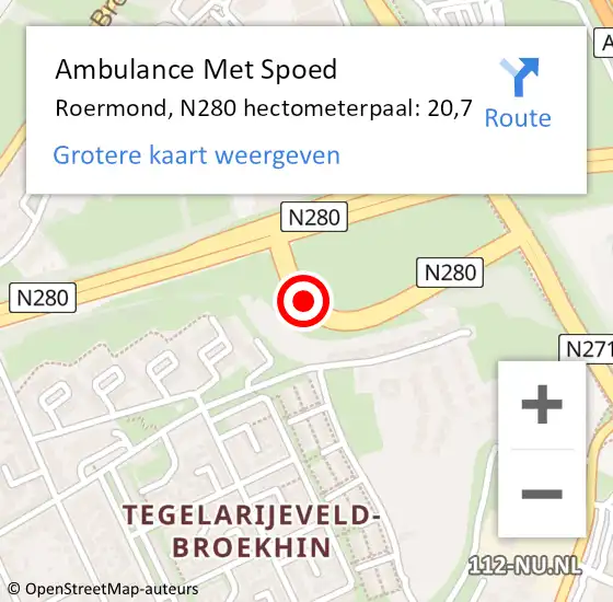 Locatie op kaart van de 112 melding: Ambulance Met Spoed Naar Roermond, N280 hectometerpaal: 20,7 op 27 maart 2022 18:02