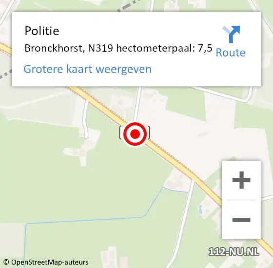 Locatie op kaart van de 112 melding: Politie Bronckhorst, N319 hectometerpaal: 7,5 op 28 maart 2022 09:49