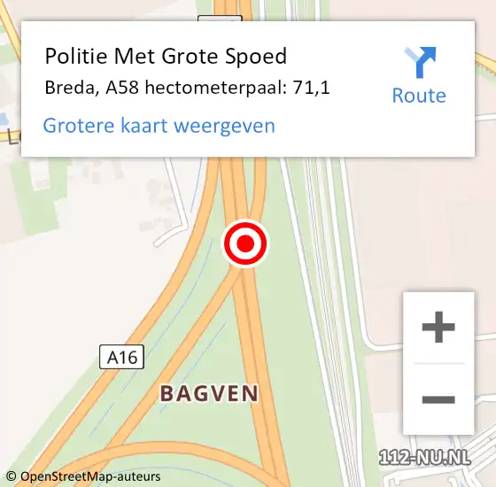 Locatie op kaart van de 112 melding: Politie Met Grote Spoed Naar Breda, A58 hectometerpaal: 71,1 op 28 maart 2022 16:40