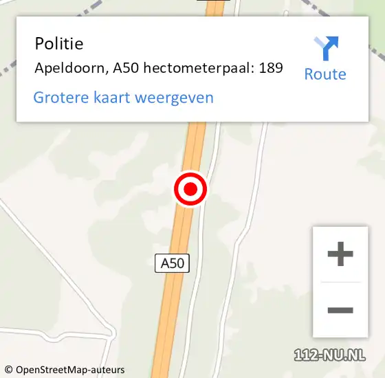 Locatie op kaart van de 112 melding: Politie Apeldoorn, A50 hectometerpaal: 189 op 29 maart 2022 08:24