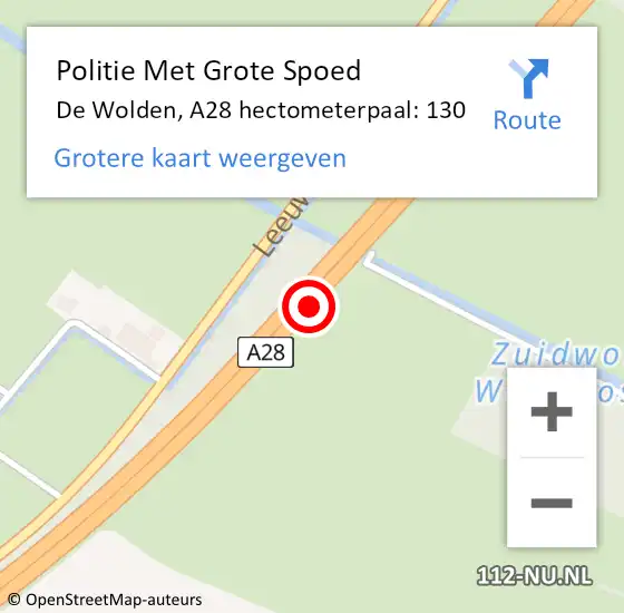 Locatie op kaart van de 112 melding: Politie Met Grote Spoed Naar De Wolden, A28 hectometerpaal: 130 op 29 maart 2022 12:28
