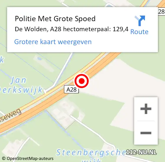 Locatie op kaart van de 112 melding: Politie Met Grote Spoed Naar De Wolden, A28 hectometerpaal: 129,4 op 29 maart 2022 12:29