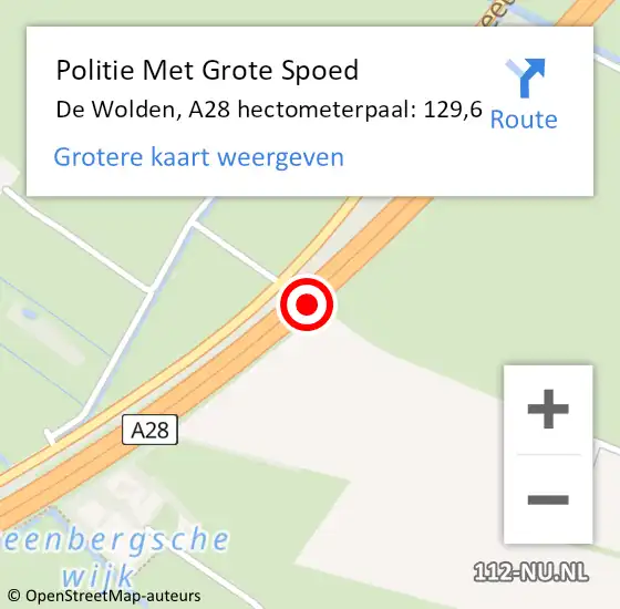 Locatie op kaart van de 112 melding: Politie Met Grote Spoed Naar De Wolden, A28 hectometerpaal: 129,6 op 29 maart 2022 12:30