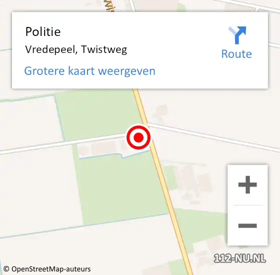 Locatie op kaart van de 112 melding: Politie Vredepeel, Twistweg op 30 maart 2022 06:33
