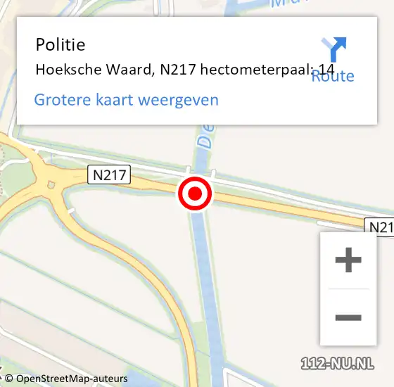 Locatie op kaart van de 112 melding: Politie Binnenmaas, N217 hectometerpaal: 14 op 30 maart 2022 10:47
