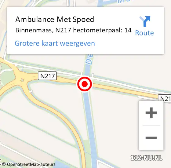 Locatie op kaart van de 112 melding: Ambulance Met Spoed Naar Binnenmaas, N217 hectometerpaal: 14 op 30 maart 2022 10:50