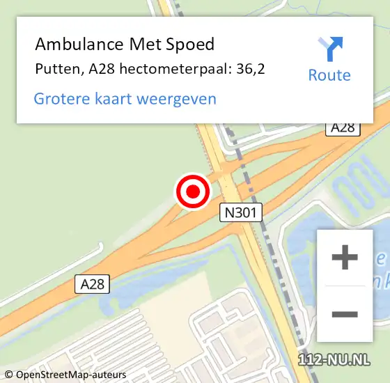 Locatie op kaart van de 112 melding: Ambulance Met Spoed Naar Putten, A28 hectometerpaal: 36,2 op 30 maart 2022 16:49