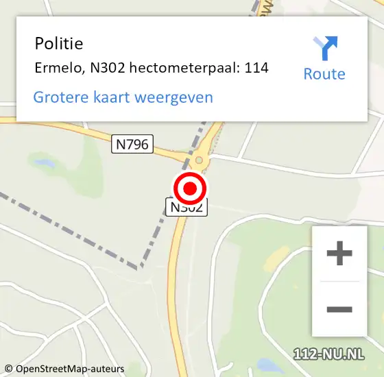 Locatie op kaart van de 112 melding: Politie Ermelo, N302 hectometerpaal: 114 op 31 maart 2022 17:12