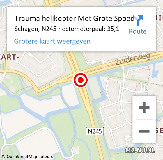 Locatie op kaart van de 112 melding: Trauma helikopter Met Grote Spoed Naar Schagen, N245 hectometerpaal: 35,1 op 31 maart 2022 19:11