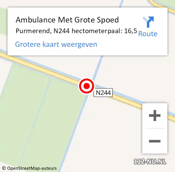 Locatie op kaart van de 112 melding: Ambulance Met Grote Spoed Naar Purmerend, N244 hectometerpaal: 16,5 op 31 maart 2022 20:09