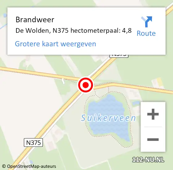 Locatie op kaart van de 112 melding: Brandweer De Wolden, N375 hectometerpaal: 4,8 op 31 maart 2022 22:00