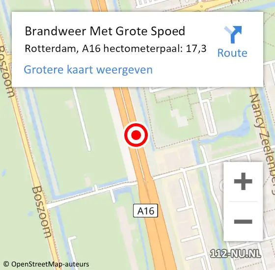 Locatie op kaart van de 112 melding: Brandweer Met Grote Spoed Naar Rotterdam, A16 hectometerpaal: 17,3 op 1 april 2022 10:27