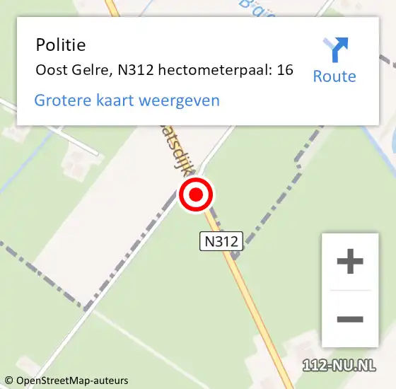 Locatie op kaart van de 112 melding: Politie Oost Gelre, N312 hectometerpaal: 16 op 1 april 2022 17:24