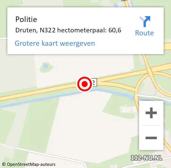 Locatie op kaart van de 112 melding: Politie Druten, N322 hectometerpaal: 60,6 op 3 april 2022 02:04