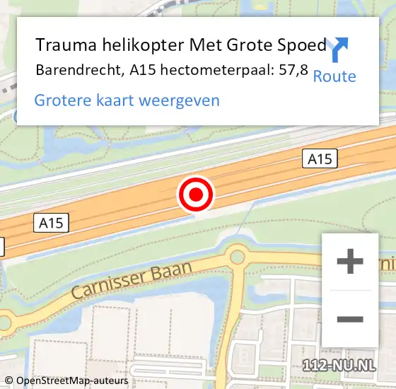 Locatie op kaart van de 112 melding: Trauma helikopter Met Grote Spoed Naar Barendrecht, A15 hectometerpaal: 57,8 op 4 april 2022 06:38