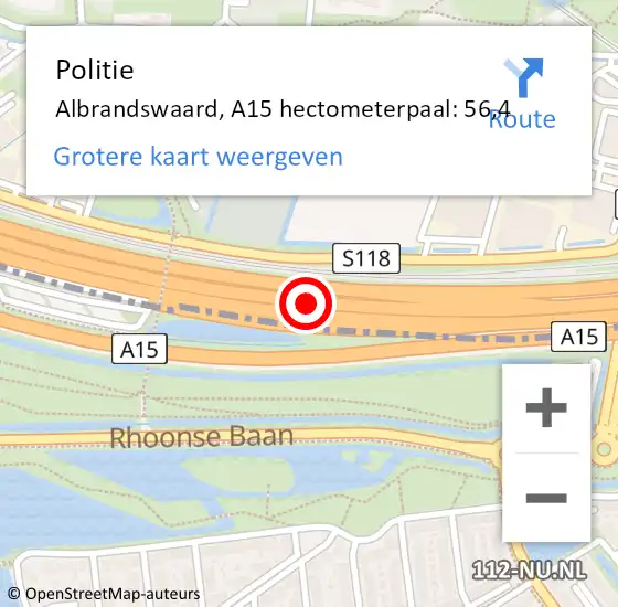Locatie op kaart van de 112 melding: Politie Barendrecht, A15 hectometerpaal: 56,4 op 4 april 2022 12:04