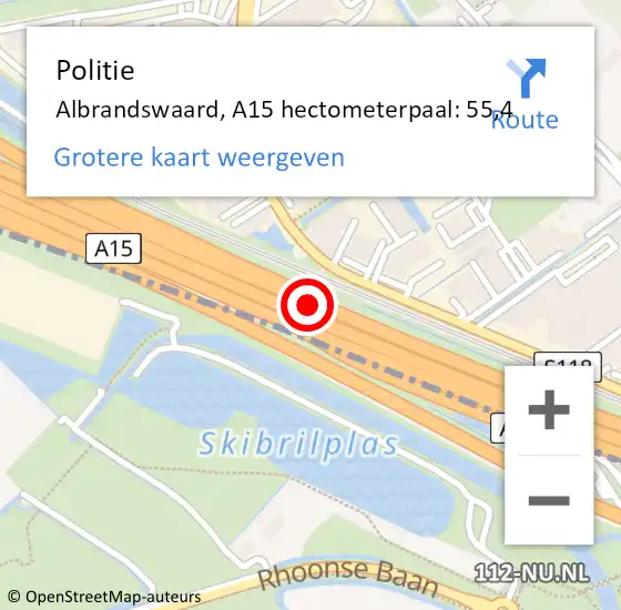 Locatie op kaart van de 112 melding: Politie Barendrecht, A15 hectometerpaal: 55,4 op 4 april 2022 12:21