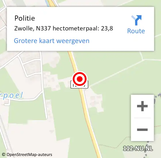 Locatie op kaart van de 112 melding: Politie Zwolle, N337 hectometerpaal: 23,8 op 4 april 2022 16:24