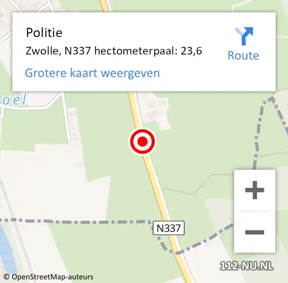 Locatie op kaart van de 112 melding: Politie Zwolle, N337 hectometerpaal: 23,6 op 4 april 2022 16:24