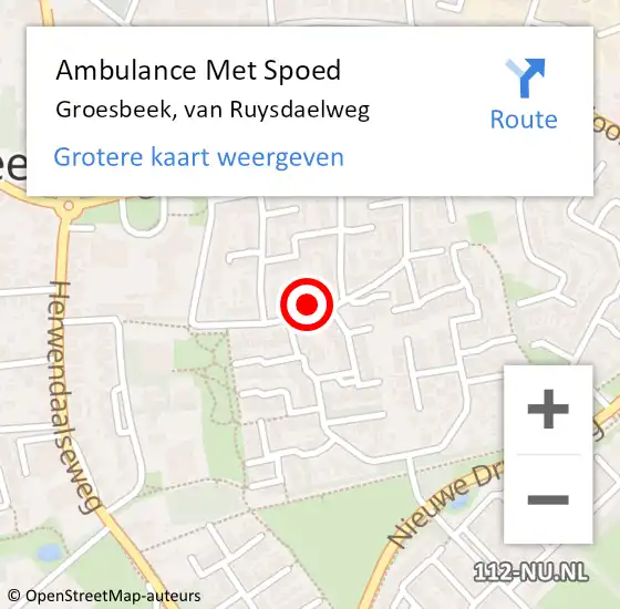 Locatie op kaart van de 112 melding: Ambulance Met Spoed Naar Groesbeek, van Ruysdaelweg op 4 april 2022 20:37
