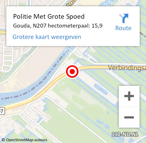 Locatie op kaart van de 112 melding: Politie Met Grote Spoed Naar Gouda, N207 hectometerpaal: 15,9 op 4 april 2022 23:23