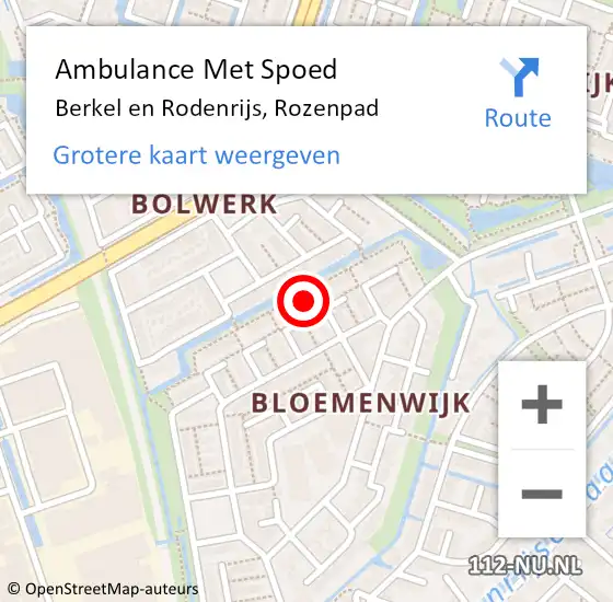 Locatie op kaart van de 112 melding: Ambulance Met Spoed Naar Berkel en Rodenrijs, Rozenpad op 5 april 2022 23:36