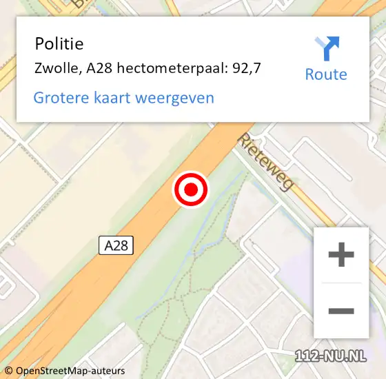 Locatie op kaart van de 112 melding: Politie Zwolle, A28 hectometerpaal: 92,7 op 7 april 2022 06:46