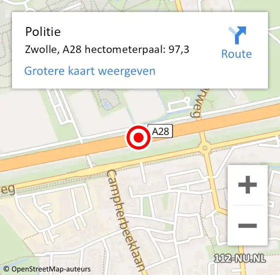 Locatie op kaart van de 112 melding: Politie Zwolle, A28 hectometerpaal: 97,3 op 7 april 2022 08:30